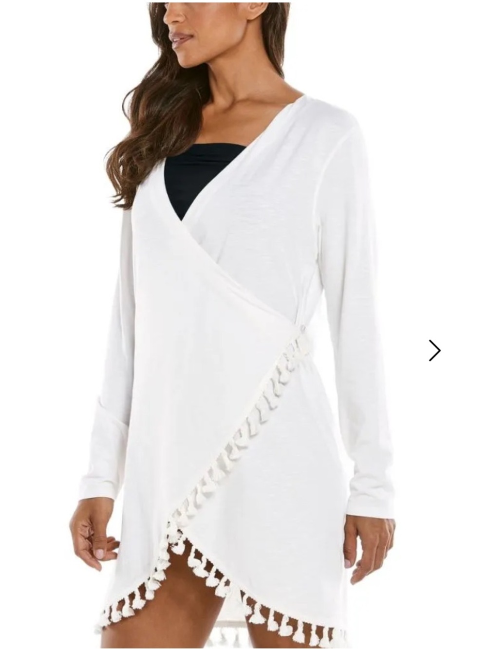 NWT Coolibar San Clemente cover-up in white with tassels. UPF 50+ Size L
